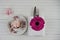 Easter or Mothers Day table place setting with cupcake and floral decorations