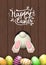 Easter motive, bunny bottom and easter eggs on brown wooden background, illustration