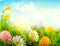 Easter nature spring scene background. Beautiful colorful eggs in spring grass meadow