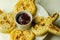 Easter nice bunny shaped crumpets served with raspberry jam, funny food for kids