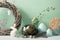 Easter ornaments in light and pastel colors with clear light, with eggs and rabbits, ornaments for the home, interior,