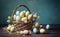 Easter painted eggs in the basket on wooden rustic table in holiday, an isolated pastel blue background, copy space, generative AI