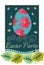 Easter party invitation card with big colorful egg, butterflies, funny green birds, forget me not flowers and leaves.