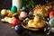 Easter pastries background. Colored eggs on a wooden table.