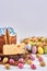 Easter pastry kulich and easter eggs.