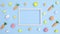 Easter pattern with eggs and carrots and copy space frame in the middle on bright pastel blue background. Stop motion flat lay