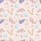 Easter pattern. Watercolor seamless pattern with rabbits, eggs, crocus flowers and a willow branch. Apple and periwinkle