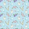 Easter pattern. Watercolor seamless pattern with rabbits, eggs, crocus flowers and a willow branch. Apple and periwinkle flowers