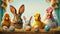 Easter Portrait: Rabbit, Lamb, Baby Chick, and Hen with a Colorful Painted Easter Eggs