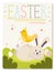 Easter postcard with bunny and chicken. Flat design illustration. Vector