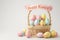 Easter poster and banner with Easter eggs in wicker basket in pastel colors with text happy Easter