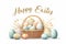 Easter poster and banner with Easter eggs in wicker basket in pastel colors with text happy Easter