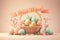 Easter poster and banner with Easter eggs in wicker basket in pastel colors with text happy Easter