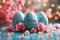 Easter poster and banner with painted Easter eggs with text happy Easter on egg