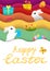 Easter poster and banner template with Easter eggs. Greetings and presents for Easter Day with rabbit.