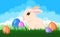 Easter poster and banner template with Easter eggs. Greetings and presents for Easter Day with rabbit.