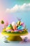 Easter product display table with Easter eggs and spring meadow. Generative AI