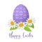 Easter purple egg and daisy wreath. Decorated festive egg with simple abstract ornaments
