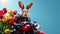 Easter rabbit biker on a motorcycle carrying tulips on blue background