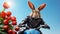 Easter rabbit biker on a motorcycle carrying tulips on blue background