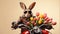Easter rabbit biker on a motorcycle with tulips on beige background