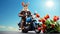 Easter rabbit biker on a motorcycle with tulips on blue background