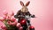 Easter rabbit biker on a motorcycle with tulips on pink background