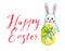 Easter rabbit with egg and lettering Happy easter, watercolor illustration