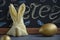 Easter.  Rabbit folded serving napkin and easter golden egg on dark blackboard background with text