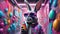 Easter rabbit in a graffiti-filled urban landscape, wearing futuristic, holographic sunglasses. Generative AI