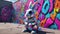 Easter rabbit in a graffiti-filled urban landscape, wearing futuristic, holographic sunglasses. Generative AI