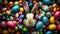 Easter Rabbit Looks Trough Many Colorful Easter Eggs Background - Generative AI