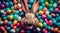Easter Rabbit Looks Trough Many Colorful Easter Eggs - Generative AI