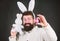 Easter rabbit. Man wearing rabbit suit. Funny bunny man with easter egg and toy. Easter activities concept. Egg hunt