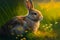 Easter rabbit on the spring meadow. Easter bunny painting