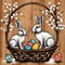 Easter rabbits in a basket surrounded by painted eggs and twigs of flowering willow.