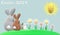 Easter rabbits family, flowers, sun, easter egg with light blue background and `easter 2019` subtitle