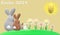 Easter rabbits family, flowers, sun, easter egg with light brown background and `easter 2019` subtitle