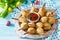 Easter recipe, festive appetizer. Meat in biscuits, deep fried served with ketchup sauce