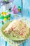 Easter recipe, festive appetizer. Salad stuffed with crab sticks
