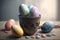 Easter retro composition. Generative AI. Easter eggs with ornaments in rustic clay bowl with decor on neutral background.