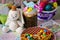Easter`s cake, eggs, candies and rabbit