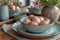Easter\\\'s Gentle Touch, Soft-Hued Eggs and Ceramics, a Still Life Paired with Blossoms\\\' Delicate Dance
