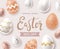 Easter Sale banner design concept with handwritten lettering and realistic chicken and quail spotted eggs with ornament