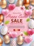 Easter Sale banner design with rose gold ornate eggs, helium shining light pink balloons, spring blossoms and light green leaves