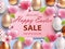 Easter Sale banner design with rose gold ornate eggs, helium shining light pink balloons, spring blossoms and light green leaves