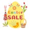 Easter Sale Poster design with easter eggs, flowers, bunny, backet, chicks, butterflies. Vector Illustration template.