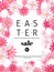 Easter sale, season offers and discounts background. Pink flowers and white eggs frame. Vector illustration.