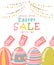 Easter sale special offer concept with eggs and spring flowers. Modern template with pastel colors.