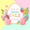 Easter sale special offer template with eggs and spring flowers. Modern template with pastel colors.